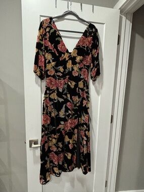 NWT- Lulu's Black Velvet Midi Dress with Pink & Gold Floral Pattern